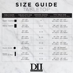 the size guide for table top sizes