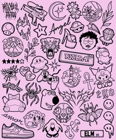 a bunch of cartoon stickers on a pink background