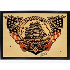 an image of a ship with flags on it's back and the words america written in