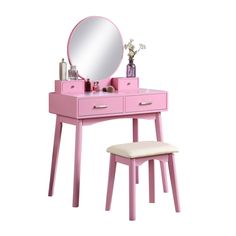 pink vanity with stool and mirror on white background