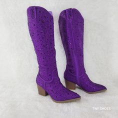 Stunning Country Western Knee Boots By Yours Forever Super Sparkle Purple Rhinestone Boots Western Cut Heels Half Side Zipper For Easy Usage Top Finger Pulls To Help Slip Them On. Top Opening Approx. 14" On Size 7 And Will Go Up As Sizes Do. Brilliant Coloring Definite Head Turners Brand New In Box Spring Silver Boots With Rhinestones, Silver Rhinestone Boots For Spring, Rhinestone Boots, Disco Cowgirl, Black Suede Ankle Boots, Boots Western, Cole Haan Women, Purple Rhinestone, Wild One