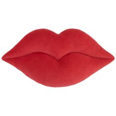 a red pillow with the shape of a kiss on it's lips, against a white background