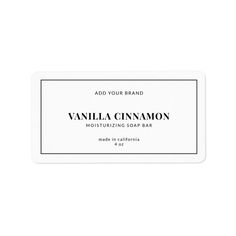 a white and black business card with the words vanilla cinnamon on it's front