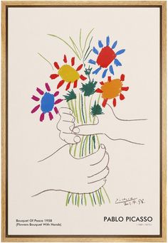 a painting with flowers in it being held by someone's hand and the words papilo picasso written below