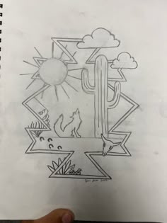 a drawing of a cactus with the sun in the background and other things on it