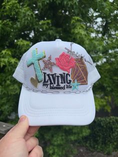 Faith themed Trucker Patch Hat. These are the hottest trend on social media today. Great for festivals, concerts, night life and everyday wear. This foam trucker hat is fully adjustable and offered in hat colors Black, White, Light Pink, Neon Pink, Neon Yellow and Green Camouflage. Custom Hats avail. One size fits all. $35 Small Print: patch, mama, cowboy, hat, faith, rock and Roll, trucker, patch, cap, chain, iron on, sew on, festival, concert, neon, baseball cap, ball hat, chain, vintage, retr Trendy Mini Cap Hats For Festivals, Trendy Flat Brim Baseball Cap For Festivals, Trendy Festival Mini Cap Hats, Funky Snapback Hat For Festivals, Hip Hop Cap For Festivals, Trendy Snapback Hats For Festival, Festival Trucker Snapback Baseball Cap, Funky Snapback Trucker Hat For Festival, Festival Trucker Baseball Cap