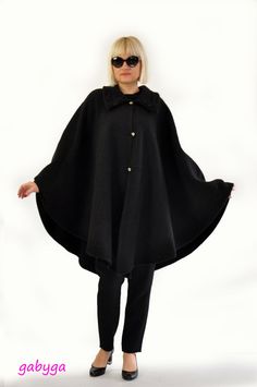 Woman autumn winter, spring cape,coat ! Nice soft 100% WOOL fabric. Maxi cape. Elegant black cape. So chick and sexy. Black cape with black made Batwing Coat, Mantel Cape, Winter Cloak, Medieval Cloak, Womens Black Coat, Winter Poncho, Wool Cape Coat, Gothic Jackets, Black Cape