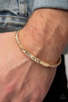 Twisted gold bars attach to a shiny gold plate stamped in the word, "BELIEVE," creating an inspiring cuff around the wrist. Sold as one individual necklace. P9MN-URGD-029XX Gents Bangle Gold, Gents Bracelet Gold, Gold Bracelets For Men, Mens Bracelet Gold Jewelry, Man Gold Bracelet Design, Paparazzi Jewelry Images, Gents Bracelet, Paparazzi Accessories Jewelry, Mens Cuff Bracelets