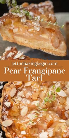 two pieces of pie with almonds on top and the words pear frangane tart above it