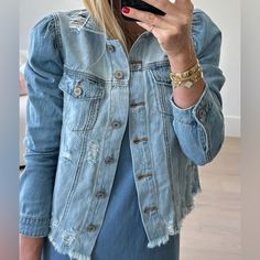 The. Perfect. Denim. Jacket. This Is Summertime Perfection Lightweight Distressed Light Wash Cute Puff Sleeve Detail Well Tailored Brand New With Tags. Size Medium Spring Everyday Outerwear With Frayed Hem, Casual Denim Jacket For Brunch, Casual Spring Denim Jacket For Brunch, Casual Denim Outerwear For Brunch, Casual Long Sleeve Denim Jacket For Brunch, Long Sleeve Denim Jacket For Brunch, Cotton Denim Jacket With Pockets For Brunch, Long Sleeve Denim Jacket With Pockets For Brunch, Fall Denim Jacket For Brunch