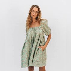 Beautiful Ivy Smock Dress From Australian Brand Oak Meadow. Cotton Linen Blend. Drawstring Neckline. Pockets. Color Is Called Juniper Bloom. Oak Meadow, Drawstring Neckline, Smock Dress, Ivy, Cotton Linen, Linen Blend, Smocking, Womens Dresses, Dresses