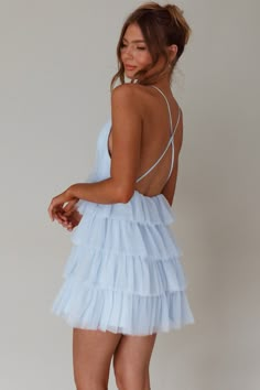 Shop the Auguste Tiered Frill Mini Dress Sky Blue | Selfie Leslie Semi Formal Dresses Periwinkle, Luxury Blue Mini Dress For Garden Party, Teen Mini Dress Party, Short Dress Ruffle Top Formal, Luxury Feminine Semi-formal Mini Dress, Pastel Grad Dresses Short, 21 Birthday Dress Casual, Formal Fraternity Dress, Luxury Flowy Mini Dress For Party