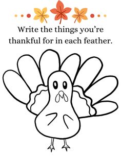 a turkey with the words write the things you're grateful for in each feather