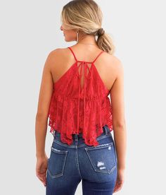 Willow & Root Lace Cropped Tank Top - Red Medium, Women's Red Bust lined double v-neck tank Adjustable back tie straps Bust measures 28 on size small Body length 16 on size small. Self: 90% Polyamide 10% Spandex. Lining: 65% Polyester 35% Rayon. Hand wash cold. Do not bleach. Line dry. Apparel & Accessories > Clothing > Shirts & Tops Red V-neck Halter Top For Spring, Red Casual Tie Back Top, Red Halter Neck Casual Tank Top, Red Sleeveless Top With Straps, Flirty Sleeveless Red Top, Flirty Red Sleeveless Top, Red Tank Top With Adjustable Straps, Flirty Red Tank Top For Spring, Chic Red Top With Adjustable Straps