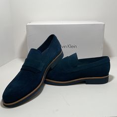 Mens Calvin Klein Forbes Calf Suede Dark Navy Blue Dress Shoes New Size 7.5. In Brand New Condition Never Used In Original Box. Will Ship Next Business Day. Casual Blue Wingtip Dress Shoes, Blue Slip-on Dress Shoes With Rubber Sole, Blue Business Loafers With Flat Heel, Blue Loafers With Leather Sole For Business Casual, Blue Leather Sole Loafers For Business Casual, Blue Round Toe Dress Shoes For Spring, Blue Slip-on Dress Shoes For Business, Blue Slip-on Dress Shoes For Semi-formal Occasions, Blue Wingtip Casual Loafers