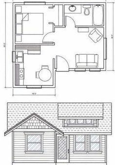 the floor plan for a small cabin with one bedroom and an attached living room area