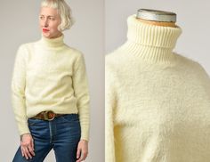 1960s Mohair Sweater White Fuzzy Knit Mod Turtle Neck Beatnik Sweater A perfect mohair sweater. Fuzzy acrylic knit. Made in Canada. No size marked, but fits like a Small. Measurements  Shoulders: 15.5" Chest: 38" Sleeve: 23" Length: 20" Vintage Acrylic Sweater For Winter, Vintage Wool Turtleneck Sweater, Vintage Fitted Turtleneck Sweater, Sweater White, Mohair Sweater, White Sweaters, Sweater Outfits, Favorite Outfit, 1960s