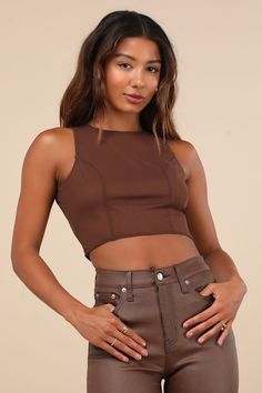 Effortlessly collect compliments everywhere you go in the Lulus Coveted Essence Dark Brown Mesh Cutout Tie-Back Crop Tank Top! Stretchy mesh knit shapes this flirty top with a crew neckline and a sleeveless, princess-seamed bodice. Perfectly cropped hem features sash ties that secure at the back below an alluring cutout and a surplice-style design. Fit: This garment fits true to size. Length: Size medium measures 16.25" from shoulder to hem. Bust: Great for any cup size. Waist: Fitted - stretchy Chic Fitted Cropped Mesh Top, Chic Cropped Fitted Mesh Top, Flirty Tops, Cutout Top, Cut Out Top, Crop Tank Top, Going Out Tops, Tank Top Cami, Cup Size