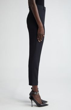 Sharp creases underscore the polished look of ankle-skimming cigarette pants impeccably tailored from signature leaf crepe. 28" inseam; 14" leg opening; 11" front rise; 16" back rise (size 44it) Zip fly with hook-and-bar closure Side-seam pockets; back welt pocket 52% viscose, 48% acetate Dry clean Made in Italy Designer Clothing Elegant Cropped Leg Dress Pants For Work, Elegant Cropped Leg Business Casual Pants, Elegant Cropped Leg Pants For Business Casual, Elegant Cropped Leg Dress Pants For Office, Elegant Tailored Cropped Leg Dress Pants, Fitted Cropped Leg Formal Pants, Elegant Cropped Leg Bottoms For Business Casual, Formal Cropped Leg Dress Pants, Formal Cropped Leg Fitted Dress Pants