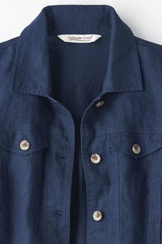 Classic jean jacket styling, updated in lightweight, washable linen. Faux-horn buttons at the front placket, chest pockets and cuffs. | Women's Journeys Lightweight Washable Linen Jacket - Navy - XS Linen Jackets Women, Travel Jacket, Knit Denim, Jackets Women, Classic Denim Jacket, Linen Jackets, Linen Jacket, Classic Jeans, Abayas Fashion