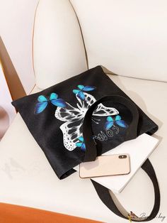 BirdinBag - Chic Butterfly Print Shopper Bag Trendy Black Bag For Spring, Trendy Black Spring Bag, Black Tote Canvas Bag For Spring, Black Rectangular Bag For Spring, Spring Black Canvas Shoulder Bag, Spring Satchel Bag For School, Black Canvas Bag For Daily Use In Spring, Rectangular Black Bag For Spring, Trendy Black Canvas Bag For Spring