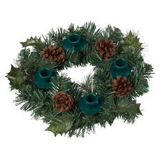 a christmas wreath with pine cones and holly