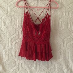 She Is New With Tag. No Call Out’s, But Please Look Over All The Pictures And Fee Free To Ask Any Questions You May Have And I Will Do My Best To Answer Them. Thank U. Colors: Cherry Red Material: 69% Viscose 19% Nylon 12% Cotton Measurements: Ptp 14.5 Length 17 Red Fitted Lace Top, Red Lace Top For Summer, Chic Red Lace Top, Red Lace Sleeveless Top, Small Tank Tops, Blue Bodysuit, Boho Tunic Tops, Maxi Tops, Floral Tunic Tops