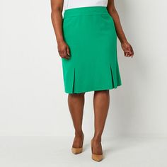 Black Label by Evan-Picone designs suiting to flatter your shape and create a sharp tailored look that's perfect for traditional office settings or special occasions like a wedding or fancy dinner. This women's plus suit skirt is cut in a knee-length from a soft crepe in an earthly green hue and features a concealed side zip closure and front and back kick pleats. Pair with the matching blazer.Front Style: Flat FrontClosure Type: ZipperFit: Classic FitRise: Mid RiseApparel Length: 26 InchesFiber Green Workwear Skirt, Green Lined Pencil Skirt For Work, Fitted Green Skirt For Workwear, Suit Skirts, Womens Suit, Traditional Office, Kick Pleat, Fancy Dinner, Black Label