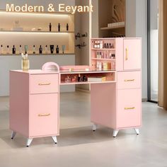 a pink desk with two drawers and bottles on it in front of a wall full of shelves