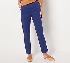 It's a joy to find the pants you've always dreamed of: stretchy pull-ons with pockets! You'll be living the dream as you tootle around town -- grabbing lunch with friends, browsing the bookstore, and walking the dog. From Denim & Co.® Fashions.\n\nThese are the same Denim & Co. side pocket pants you have loved for years with a new item number. The original item number was A53351 Denim & Co. Original Waist Stretch Regular Pants w/ Side Pockets. Side Pocket Pants, Mock Neck Blouse, Tall Pants, Petite Pants, Pocket Pants, Stretch Pants, Pull On Pants, Waist Pants, Side Pocket