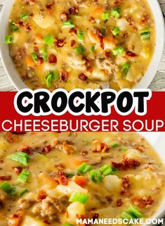 two pictures of crockpot cheeseburger soup in white bowls with green onions