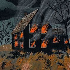 a drawing of a house on fire with flames coming out of the roof and windows