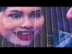 a woman's face is painted on the side of a building with mesh covering it