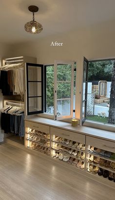 the inside of a shoe store with lots of shoes on shelves and lights hanging from the ceiling