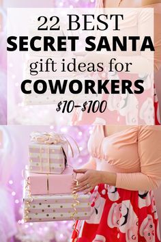 a woman in pink dress holding two presents with the words 22 best secret santa gift ideas for coworkers $ 70 - $ 100