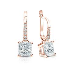 These beautiful diamond earrings come set in 14k rose gold metal dangle studs 4-prong basket setting and breathtaking princess-cut natural diamonds with 2.00 ct. total weight for center stone and 0.10 ct. total weight of small dazzling round diamonds as side stone, together takes 2.10 ct. total weight, available with lever back clasps. Princess Cut Earrings, Black Diamond Pendant, Beautiful Diamond Earrings, Yellow Gold Diamond Earrings, Black Diamond Studs, Halo Diamond Earrings, Solitaire Diamond Pendant, Colored Diamond Rings, Basket Setting