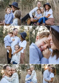 a collage of photos shows a woman, man and child in the middle of a field