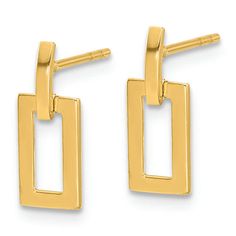 14k yellow gold polished rectangle dangle earrings. Measure approximately 1/2"L x 3/16"W and have post and push back closure. Yellow Tone, Yellow Earrings, 14k Gold Necklace, Yellow Tones, Gold Polish, Natural Earth, Super Sale, High Quality Jewelry, Gold Material