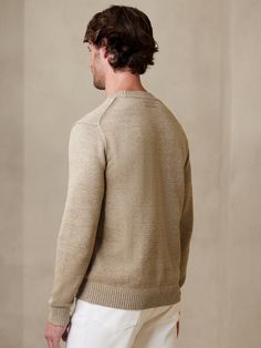 A sweater that perfectly blends the best parts of cotton and linen with a plush handfeel that is naturally breathable, remaining cool and fresh when temperatures climb.  Crew neck.  Straight hem.  Standard fit.  Long sleeves.  Hip length.  Body lengt Casual Cotton V-neck Sweater With Relaxed Fit, Cotton Knit Sweater With Relaxed Fit, Beige Crew Neck Cotton Sweater, Beige Crew Neck Sweater With Relaxed Fit, Beige Relaxed Fit Crew Sweater, Casual Linen Sweater For Layering, Long Sleeve Linen Sweater For Layering, Linen Long Sleeve Sweater For Layering, Casual Linen Winter Tops