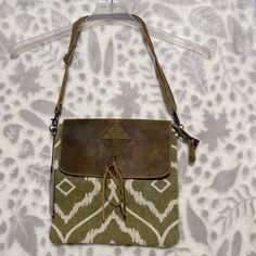 Myra Bag Feelgood Factor Green And Cream Canvas Rug & Brown Distressed Leather Crossbody Bag Purse New With Tags Everyday Satchel With Snap Closure, Adjustable Strap Clutch Shoulder Bag For Errands, Daily Use Satchel With Snap Closure, Green Pouch Flap Bag For Everyday Use, Crossbody Travel Bags With Snap Closure, Daily Use Clutch Shoulder Bag With Snap Closure, Everyday Pouch Shoulder Bag With Snap Closure, Travel Shoulder Clutch Bag With Snap Closure, Crossbody Shoulder Bag With Snap Closure For Errands