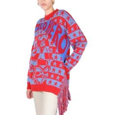 Women's Eco Hero Intarsia Wool Knit Sweater From Stella Mccartney In Blue/Red. 100% Virgin Wool Knitted Ribbed Edges Drop Shoulders Long Sleeves Fringe Detail On The Left Bottom Pullover Style New With Tag. Size: It38/ Us 2-4 Color: Blue/ Red Crew Neck Sweater For Women. Red Crew Neck Sweater, Red Crew Neck, Wool Knit Sweater, Wool Sweaters Womens, Dolman Sleeve Sweater, Fringe Sweater, Graphic Sweaters, Hem Sweater, Grey Crewneck