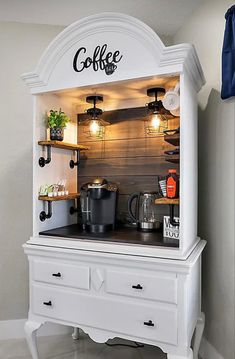 Wood cabinet repainted white. The inside turned into a coffee bar. Kitchen Pantry Ideas Cabinets, Coffee Bar Ideas, Coffee Bars, Home Coffee Bar, Coffee Bar Home, Kitchen Pantry Design, Kitchen Pantry Cabinets, Diy Furniture Renovation, Furniture Renovation