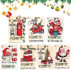 six christmas magnets with santa claus and other holiday related items on top of them