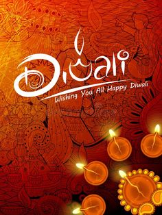 happy diwali greeting card with candles and flowers on an orange background stock photo