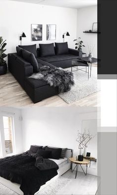 black and white living room with large couches, rugs and coffee table in the corner