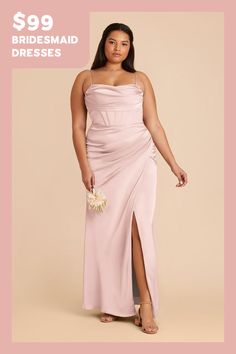 a woman in a pink dress with the words $ 99 bridesmaid dresses on it