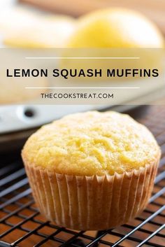 lemon squash muffins on a cooling rack with the title overlay reads, lemon squash muffins