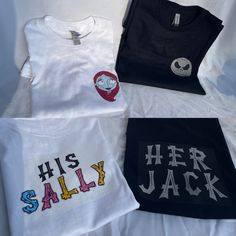 For all my simply meant to be couples, These simplistic her or their Jack, his or their Sally matching t-shirts, made with cotton shirts, and iron-on vinyl.If you are looking for a matching shirt with your significant other and want something simple, with not too much going on, these are perfect for you. Just a small icon on the front, and on the back having the option of your choice of His or Their Sally and Her or Their Jack. I create these shirts when an order is placed! message me with any additional questions :) There is an additional listing on my page coming soon  similar to this, that has just their whole body that is more detailed, rather than just their face icon. Her Jack His Sally, Simply Meant To Be, Matching T Shirts, Small Icons, Face Icon, Cotton Shirts, Significant Other, Matching Shirts, Too Much