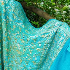 Blue Pure Georgette Handloom Banarasi Birds of Paradise Bandhani Dupatta - Khinkhwab Bandhani Dupatta, Banarasi Dupatta, Blue Weave, Fabric Display, Product Shoot, Ethnic Looks, Bird Motif, Bird Of Paradise, Birds Of Paradise