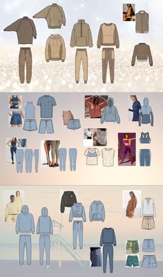 several different types of clothing are shown in this graphic style, including hoodies and pants